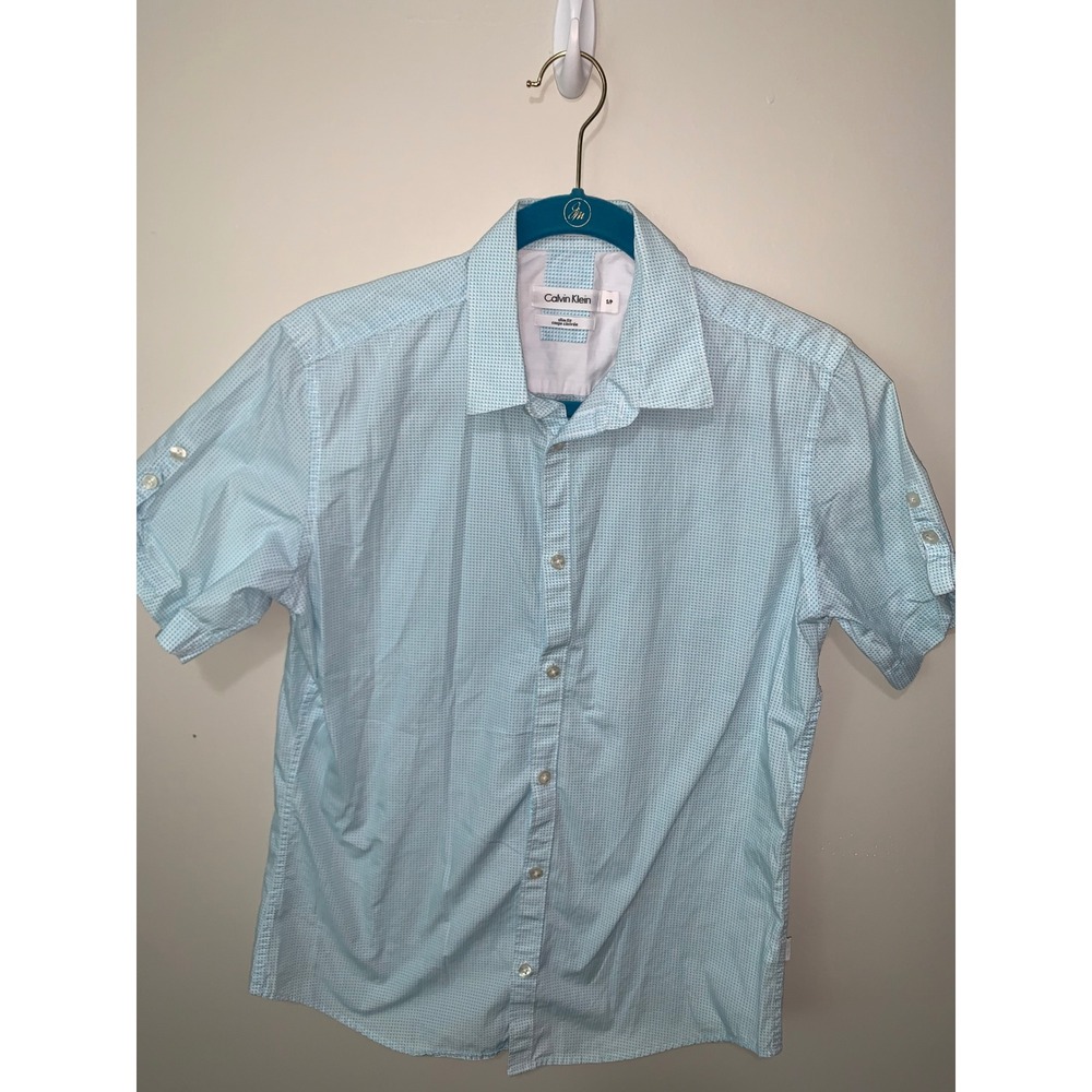 Calvin Klein Boys Short Sleeve Button Down Shirt Slim Fit Blue White Check S P